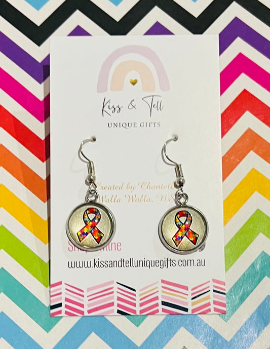 Autism Ribbon Silver Dangle Earrings