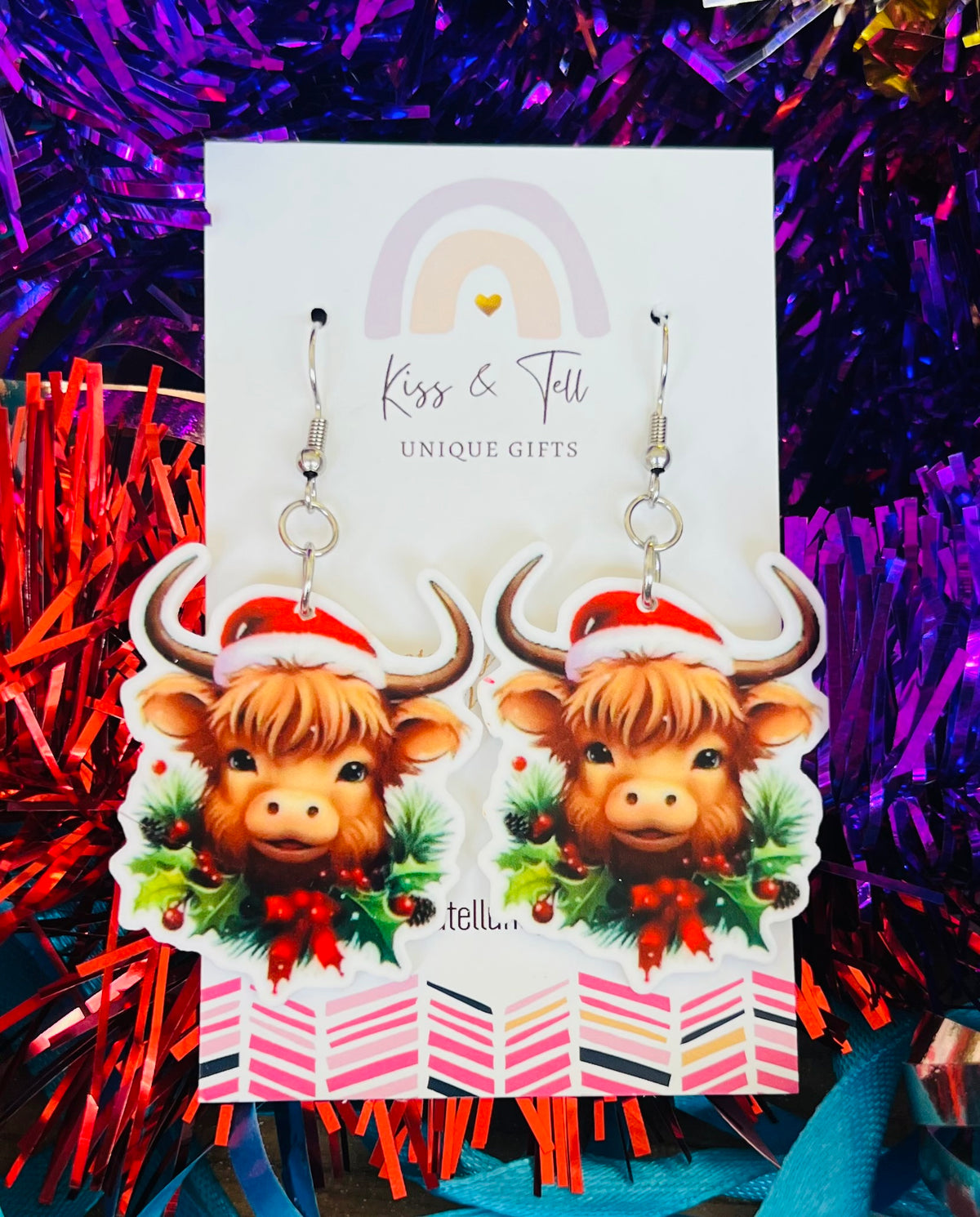 Christmas Highland Cow Dangle Earrings