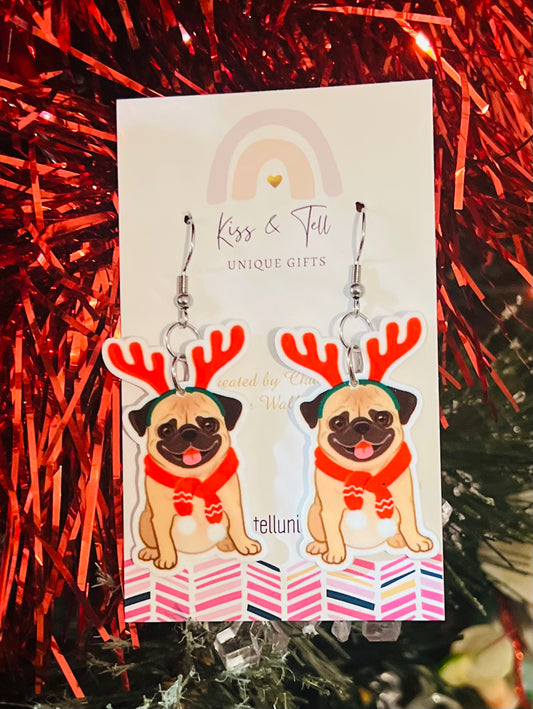 Christmas Pug Dog Dangle Earrings