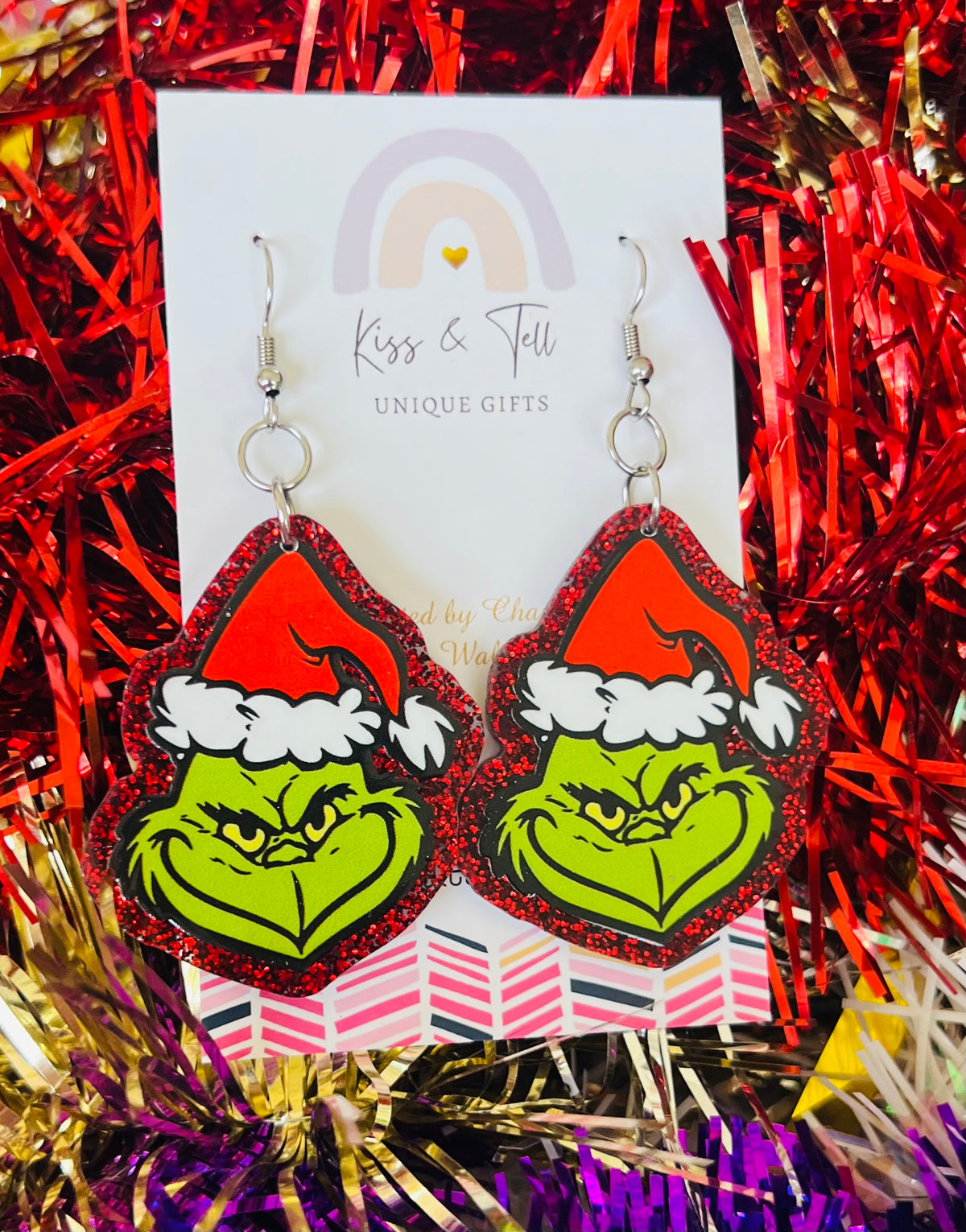 * LAST ONE *  Red Glitter Grinch Dangle Earrings