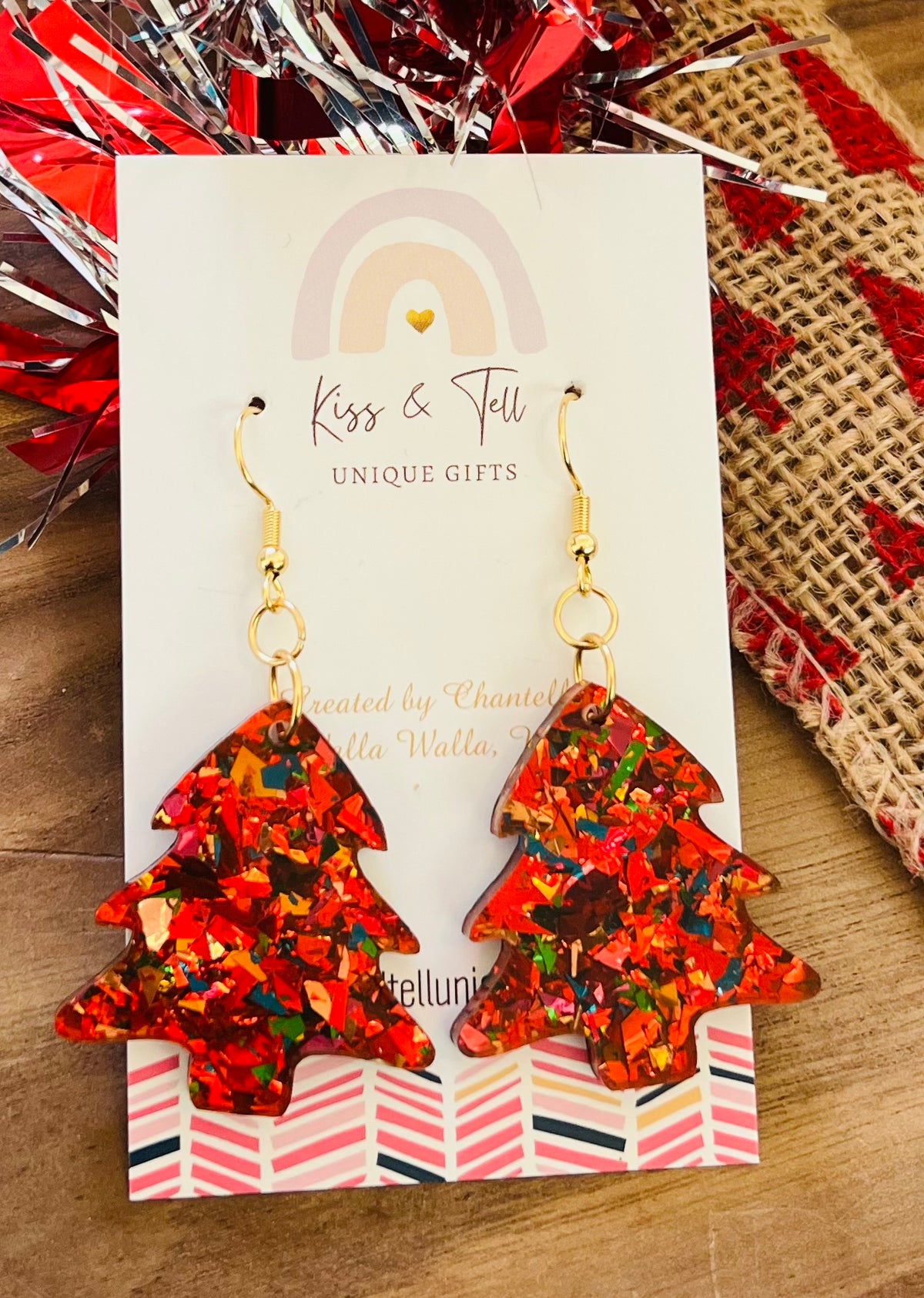 Red Glitter Acrylic Christmas Tree Earrings
