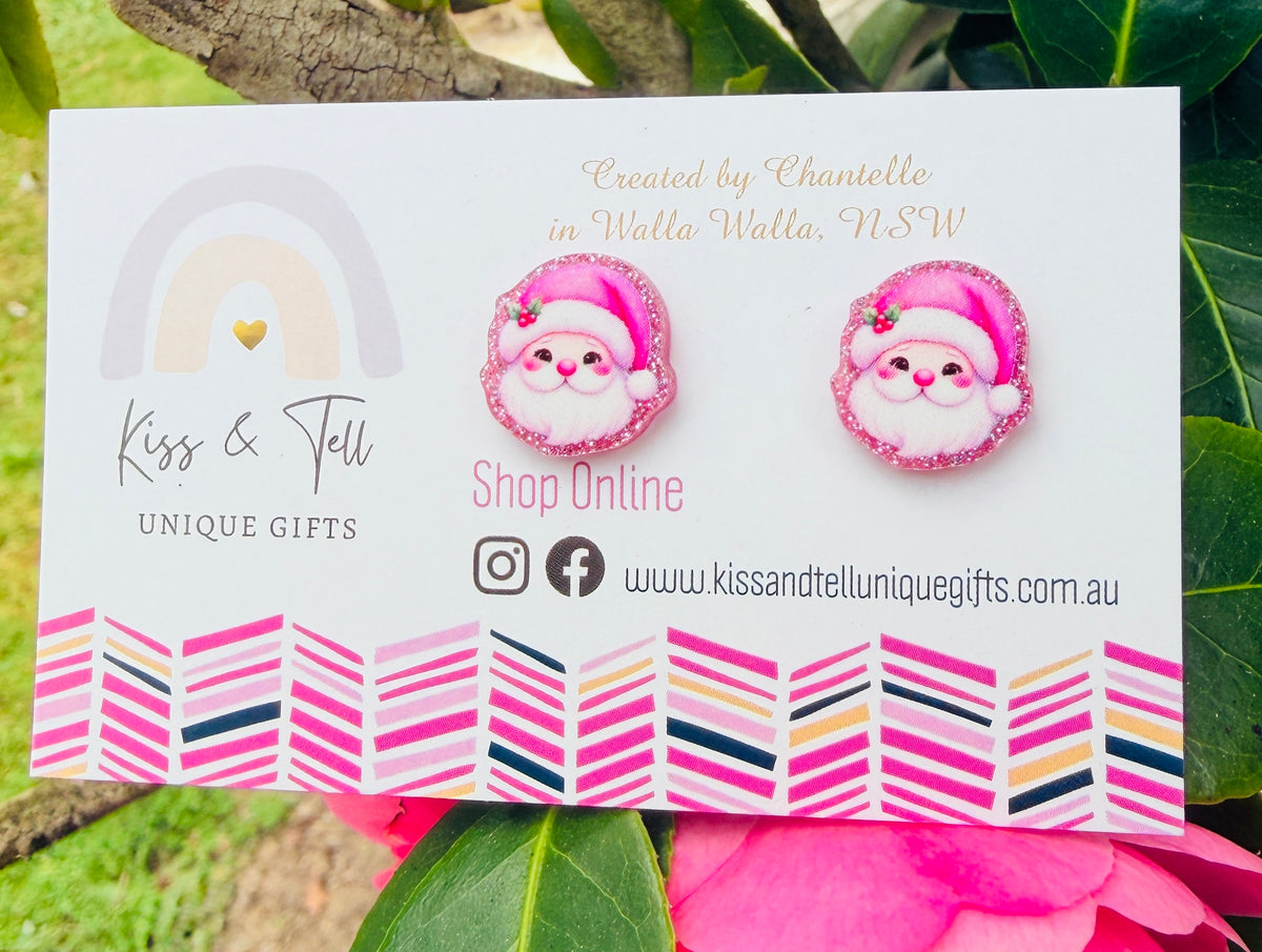 Pretty Pink Glitter Santa Stud Earrings