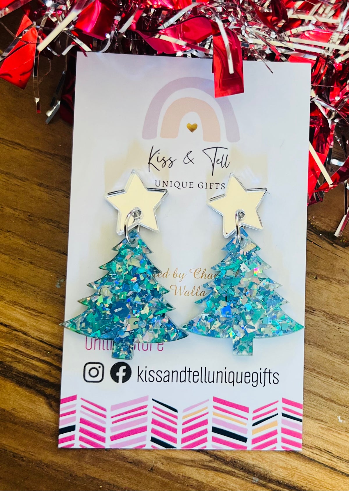 Blue Glitter Acrylic Christmas Tree Earrings
