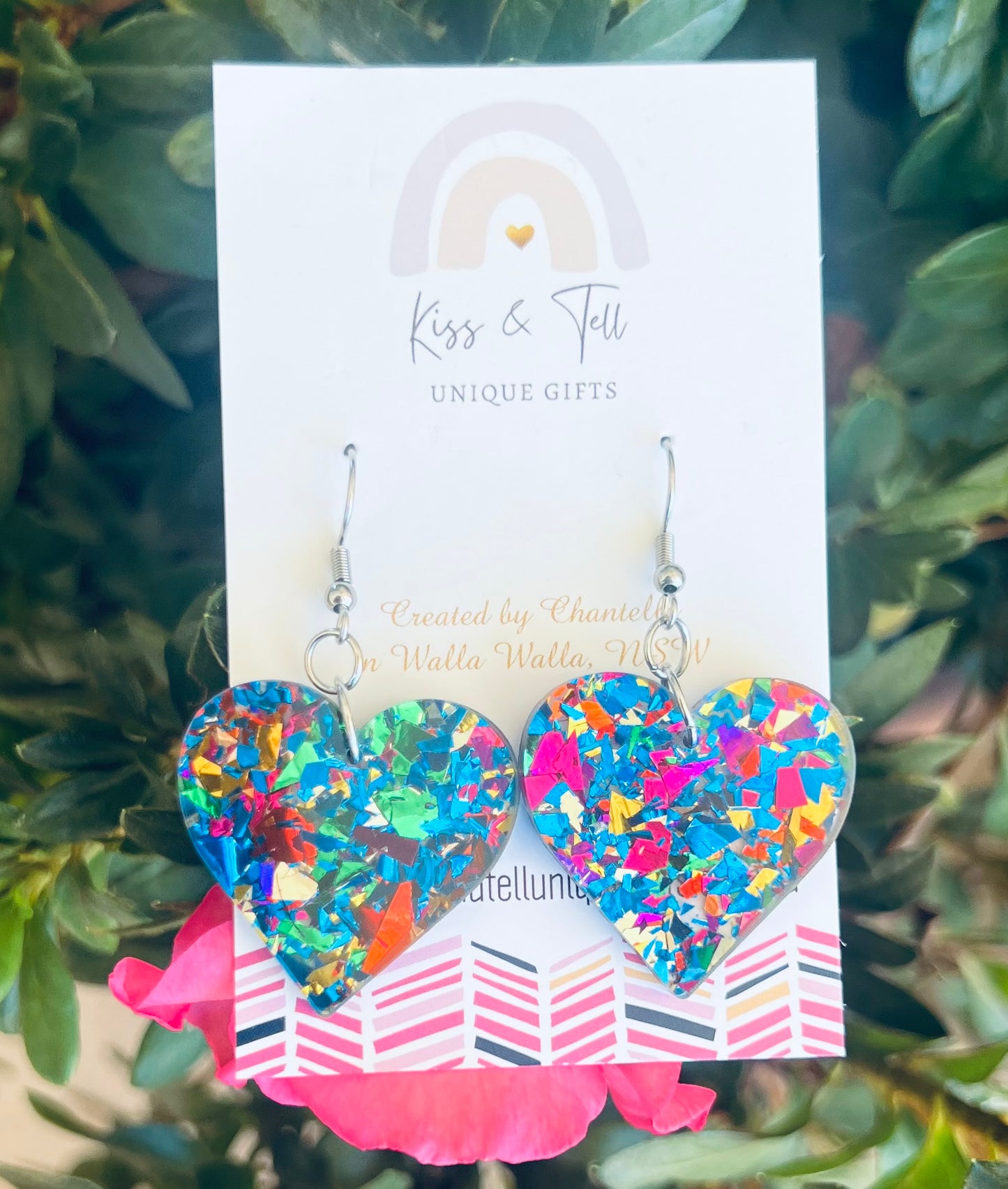Blue Glitter Heart Dangle Earrings