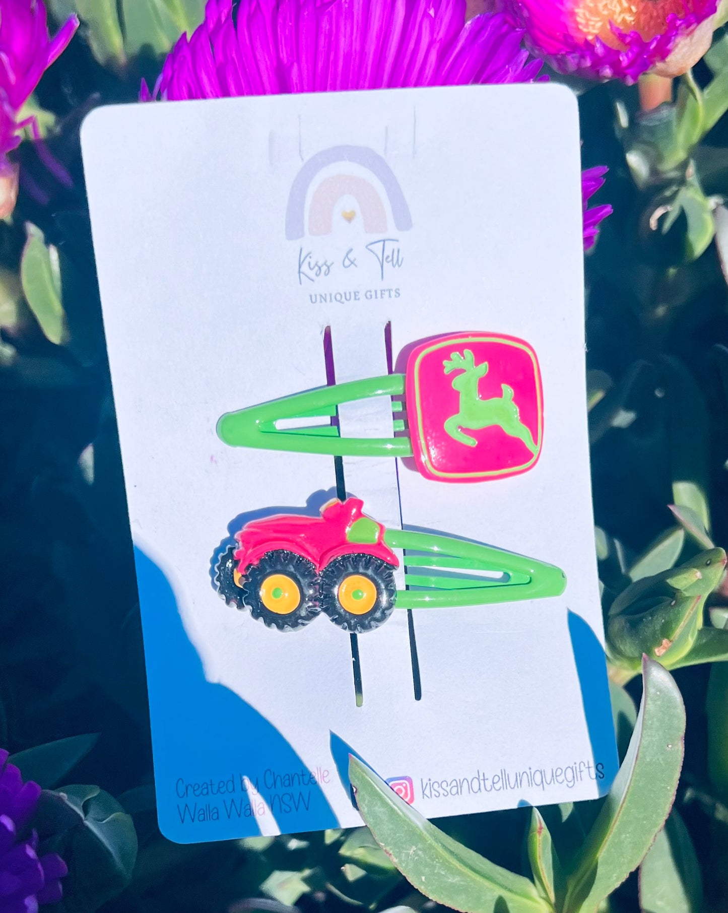 Pink Tractor Hair Clip Set