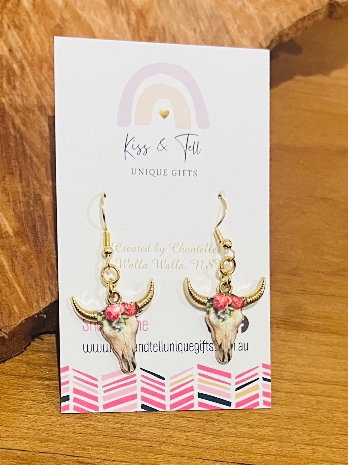 Floral Bull Skull Dangle Earrings