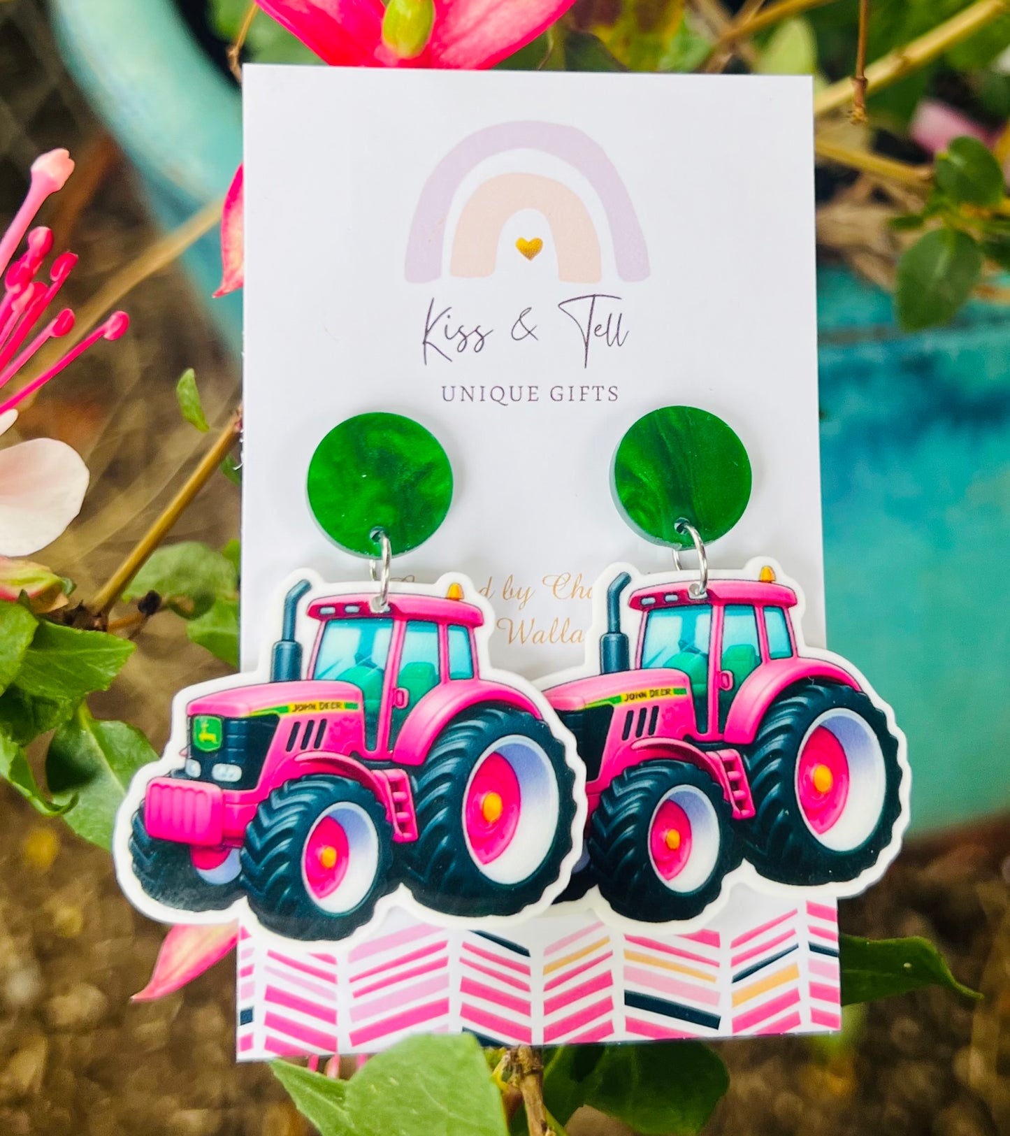 Pink Tractor Dangle Earrings