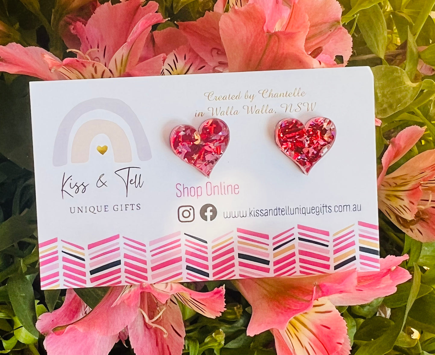 Red & Pink Glitter Acrylic Heart Stud Earrings