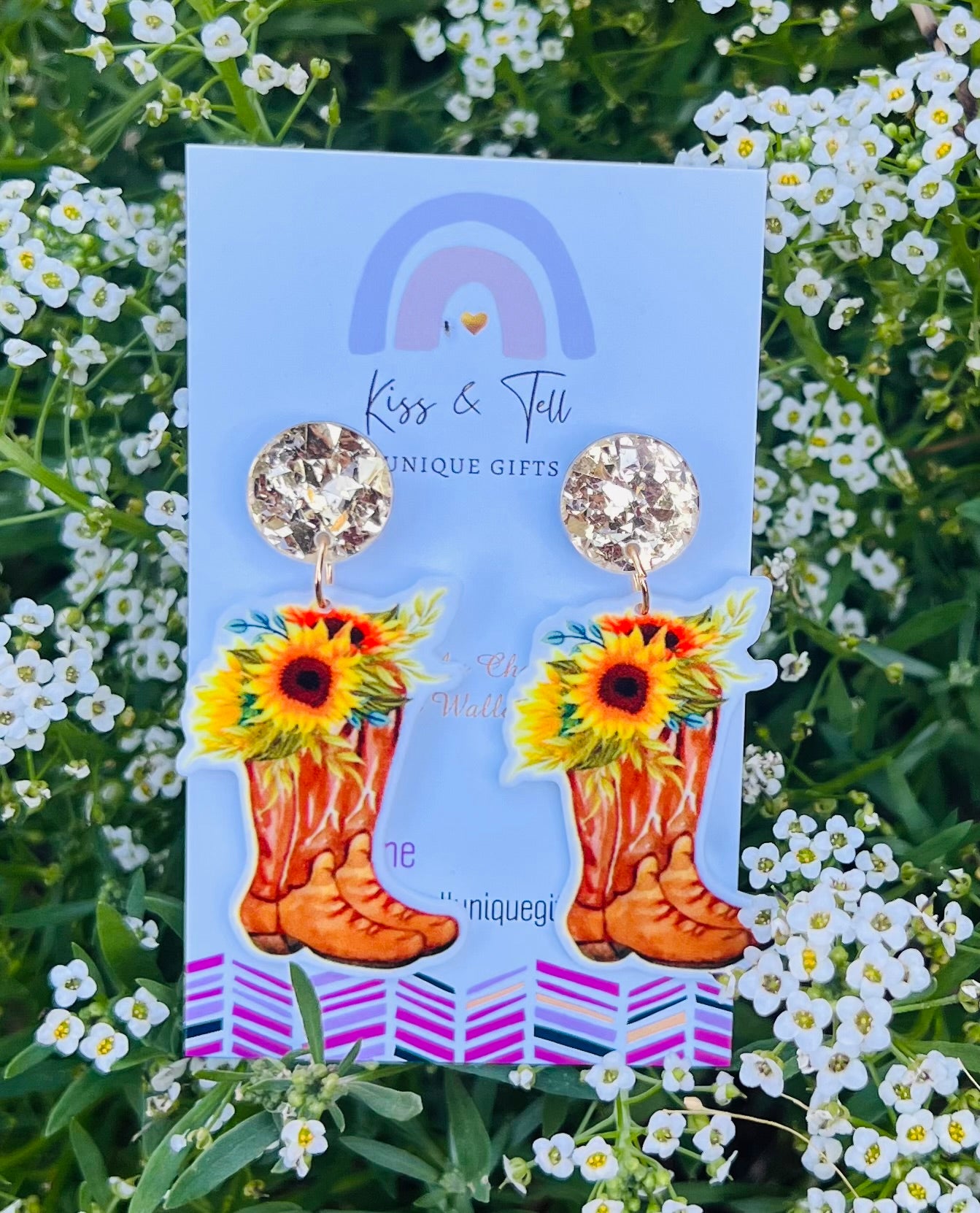 Sunflower Cowgirl Boot Dangle Earrings