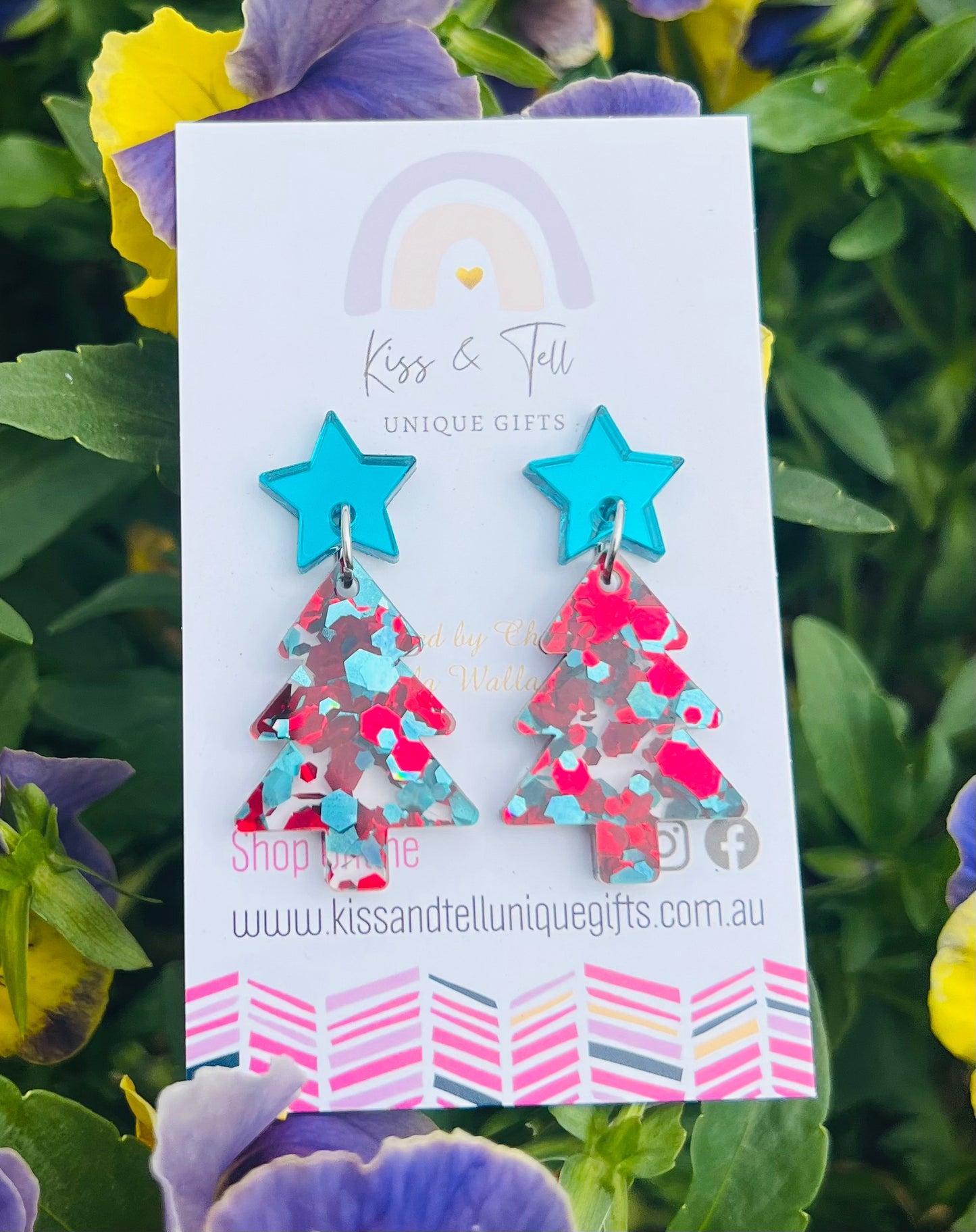 Red & Teal Christmas Tree Star-Drop Earrings