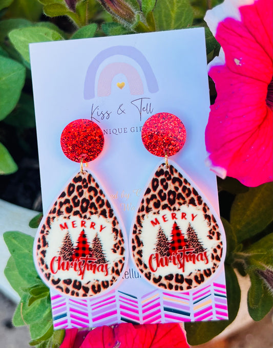 Leopard Print Merry Christmas Dangle Earrings