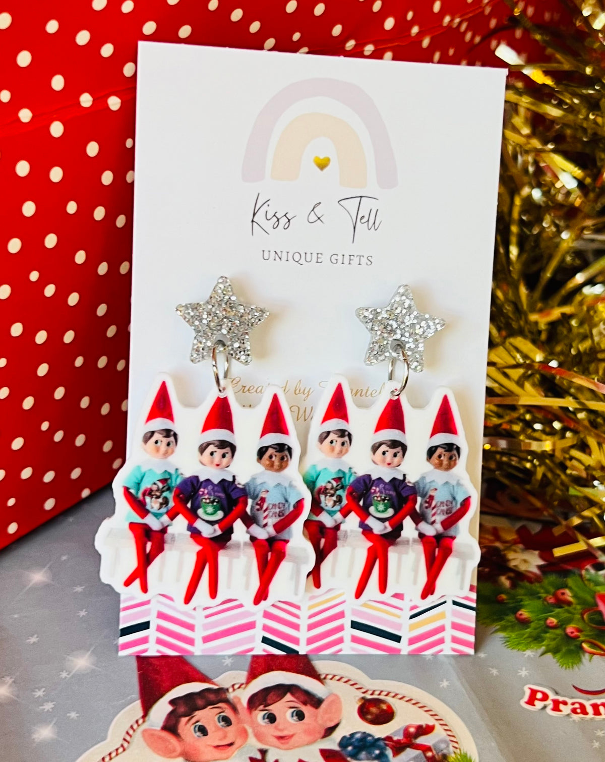 Christmas Elves On Shelf Dangle Earrings