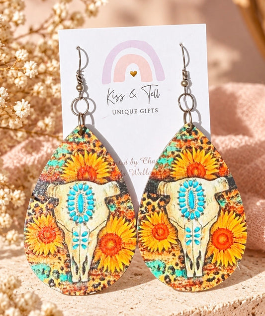 Wooden Floral Skull Dangle Earrings