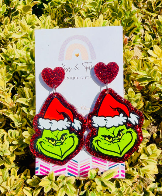 Red Glitter Grinch Dangle Earrings