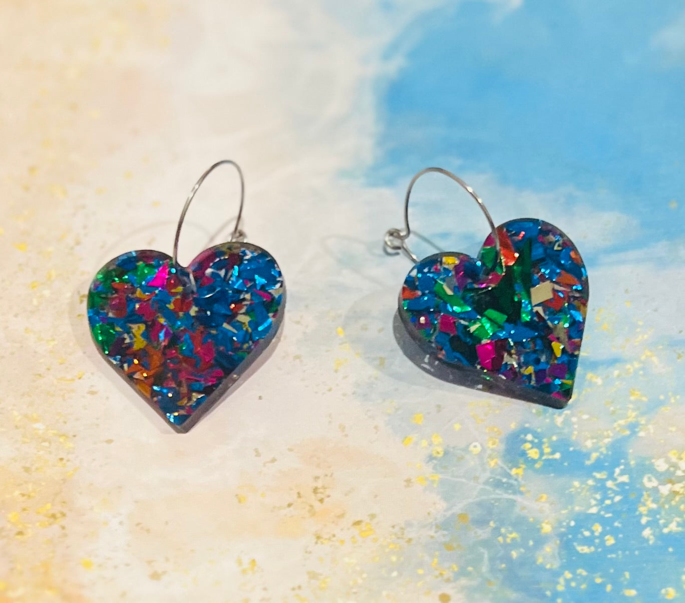 Blue Glitter Heart Acrylic Hoop Earrings