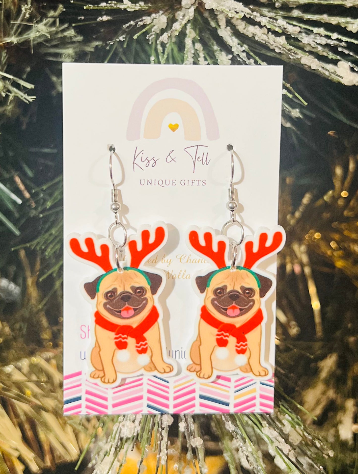 Christmas Pug Dog Dangle Earrings