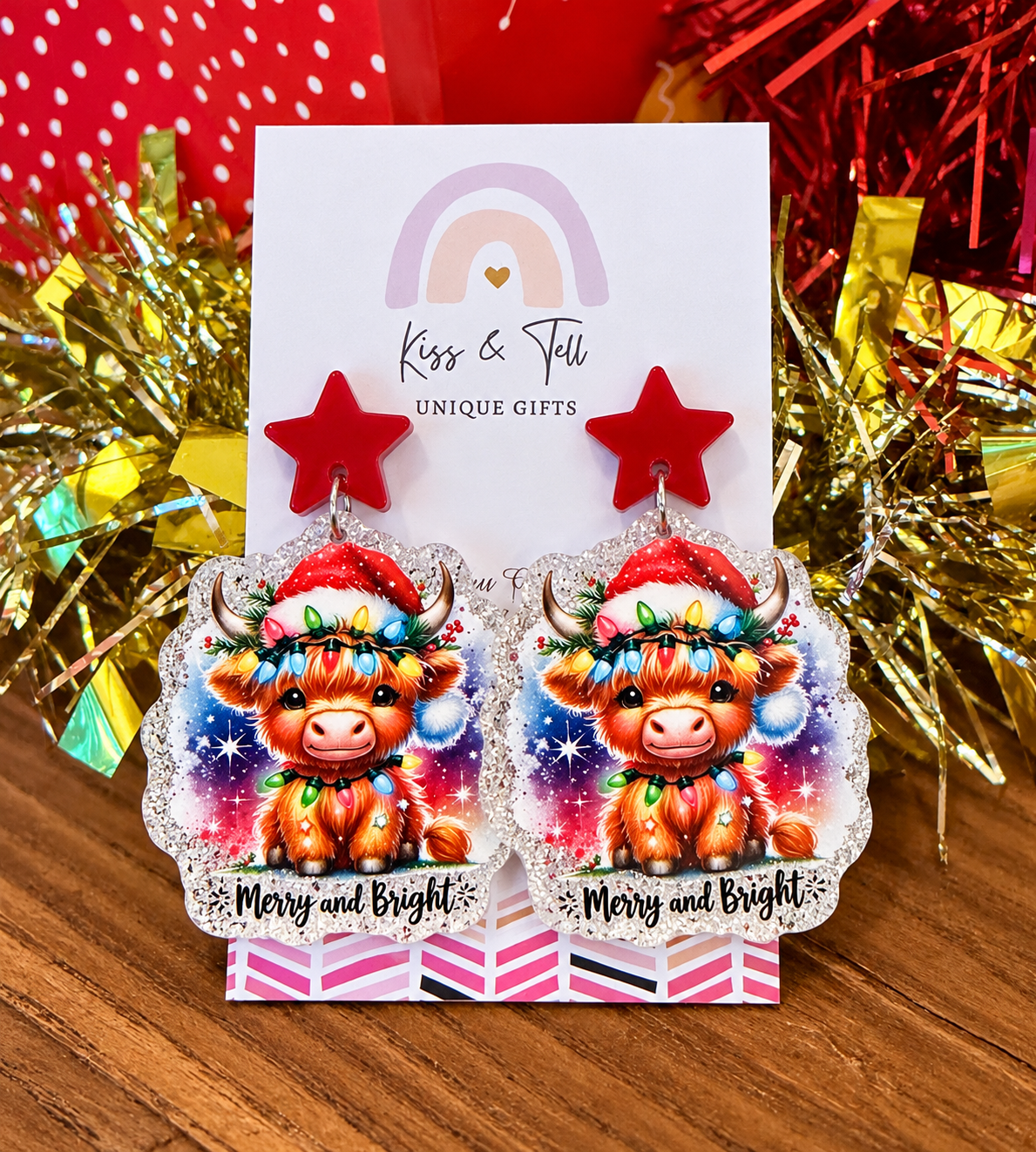 NEW Christmas Cow Glitter Dangle Earrings