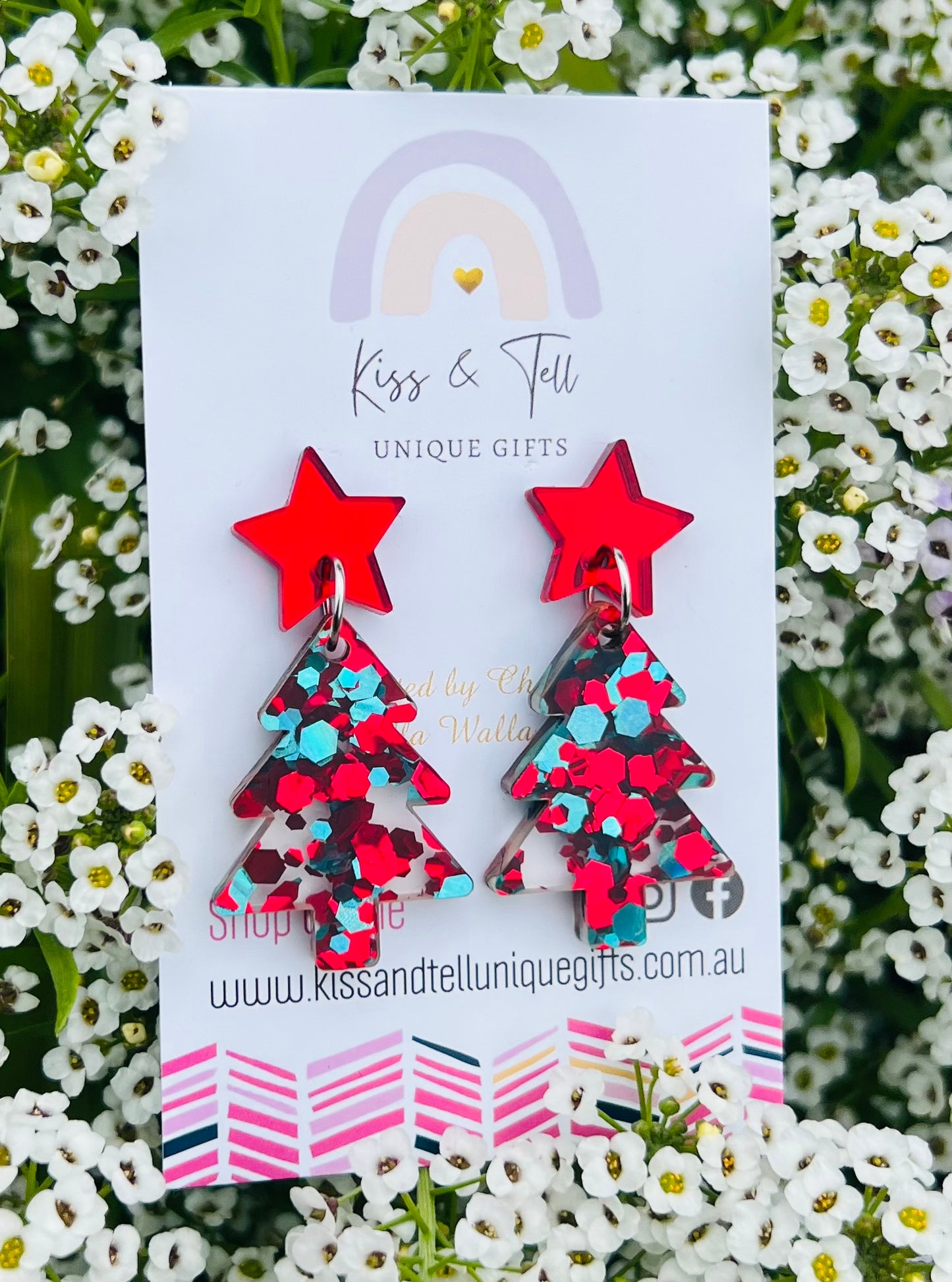 Red & Teal Christmas Tree Star-Drop Earrings