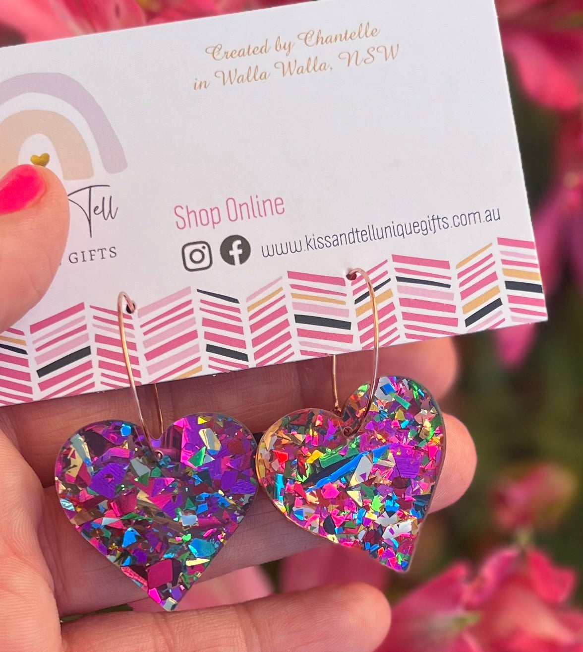 Pink Glitter Heart Hoop Earrings