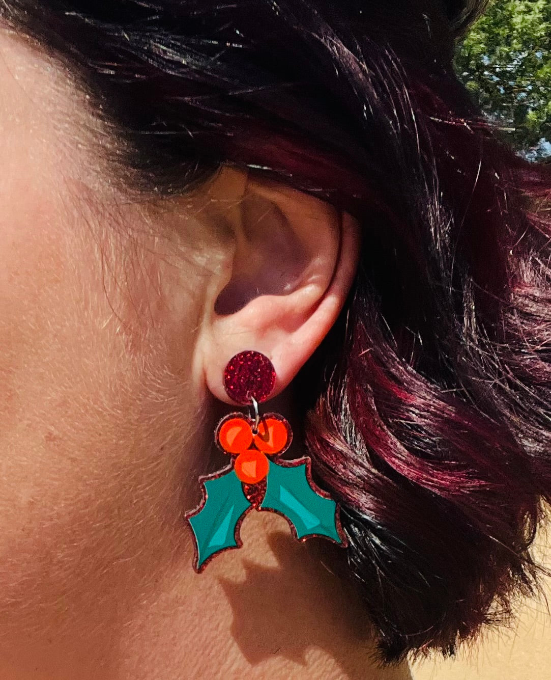 * LAST ONE *  Red Glitter Christmas Holly Earrings
