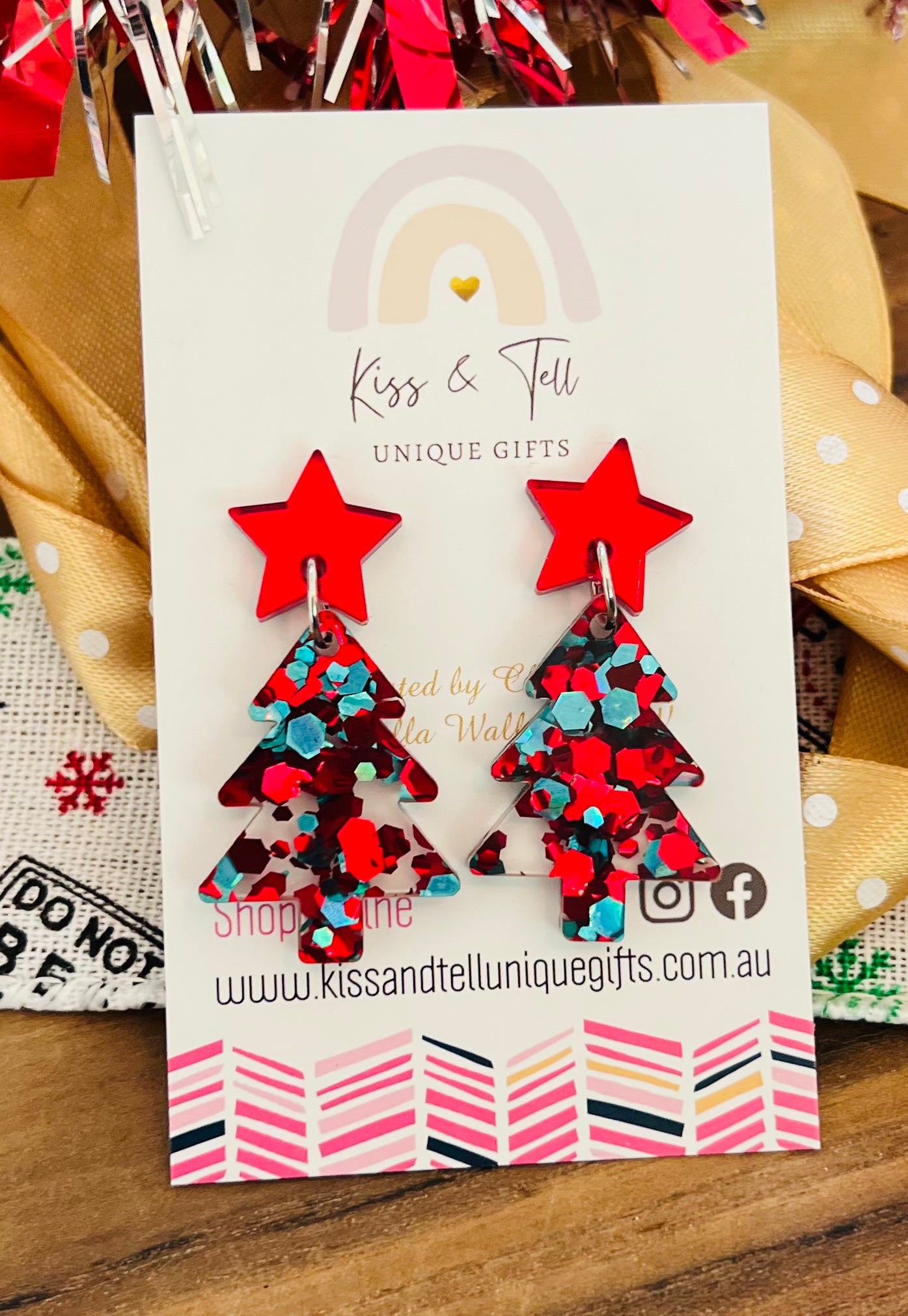 Red & Teal Christmas Tree Star-Drop Earrings