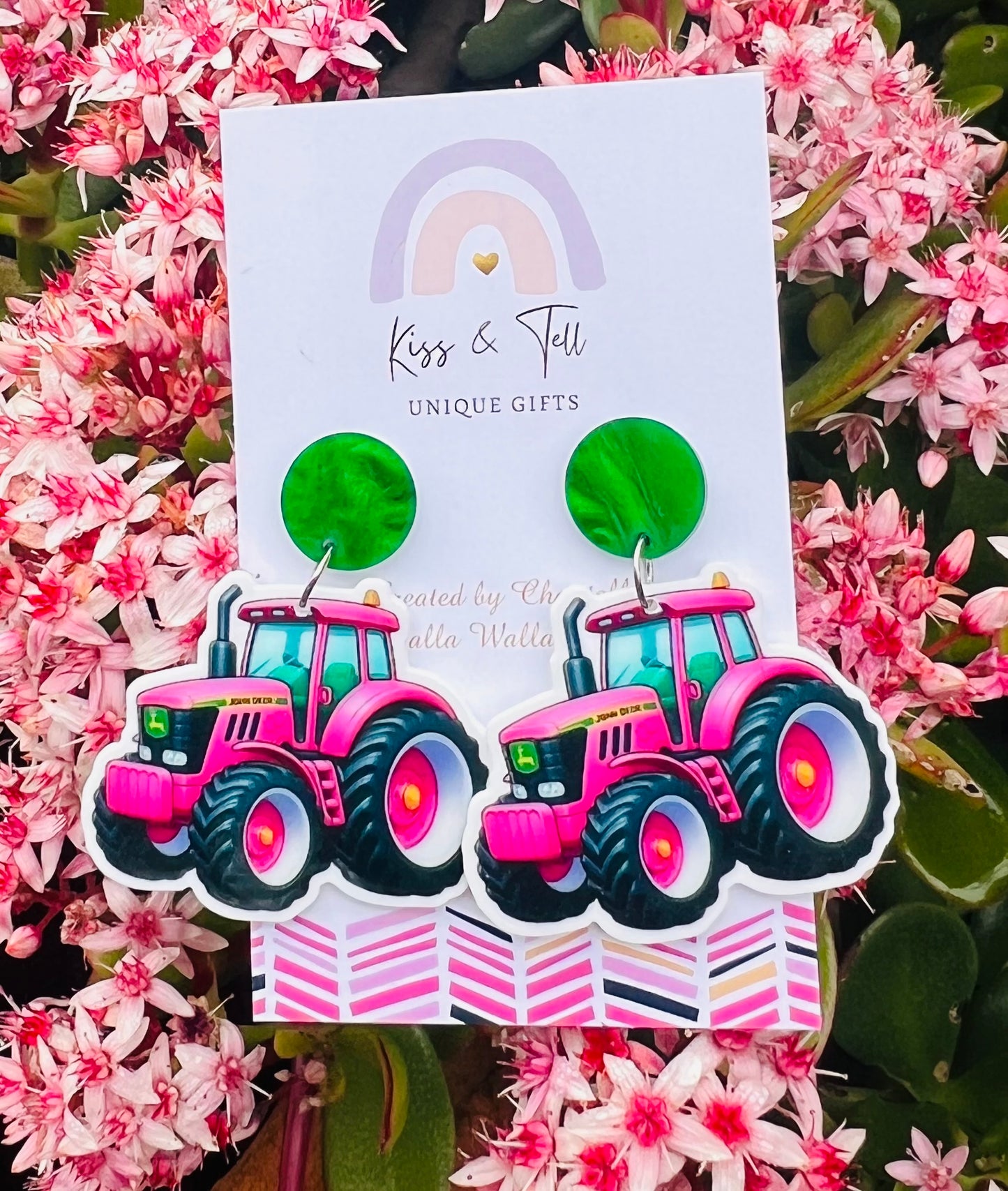 Pink Tractor Dangle Earrings