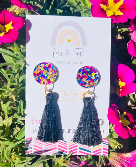 Black Tassel Glitter-Drop Earrings