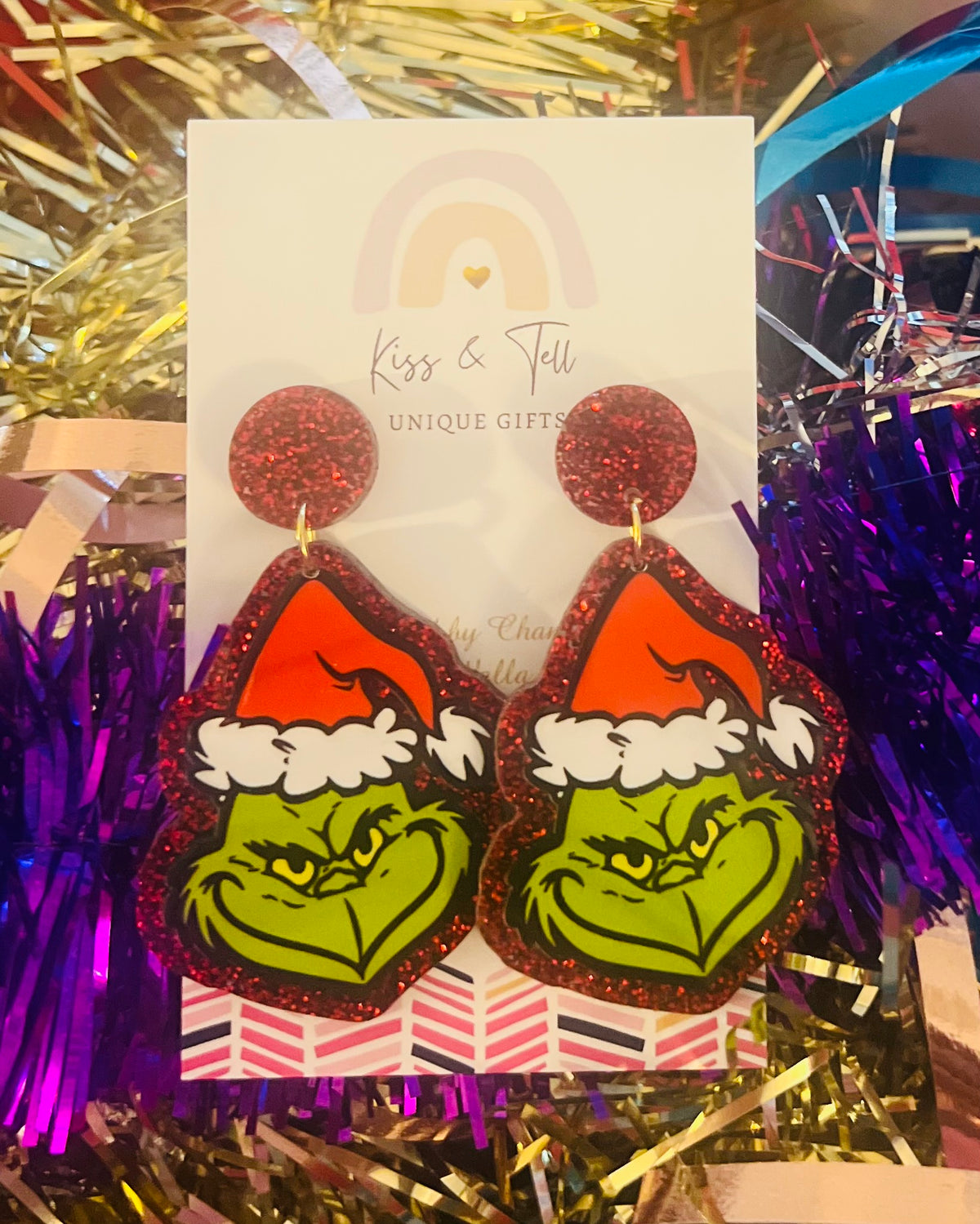 * LAST ONE *  Red Glitter Grinch Dangle Earrings