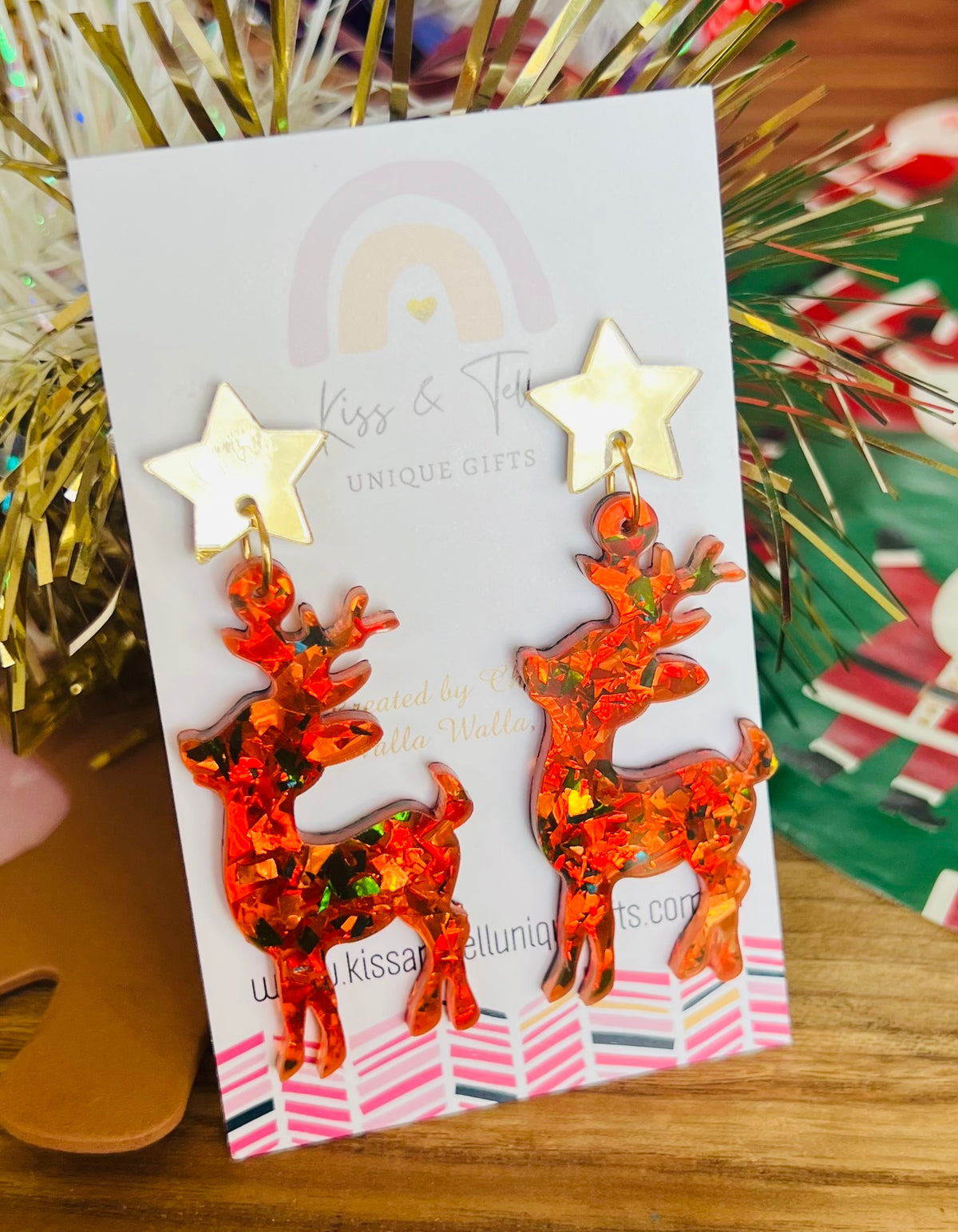 Red Foil Glitter Reindeer dangle Earrings