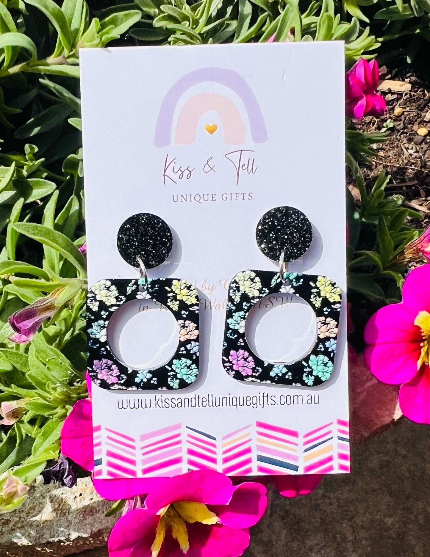 Pastel Flowers Black-Drop Earrings