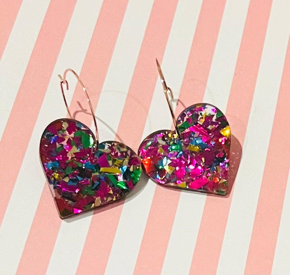 Pink Glitter Heart Hoop Earrings