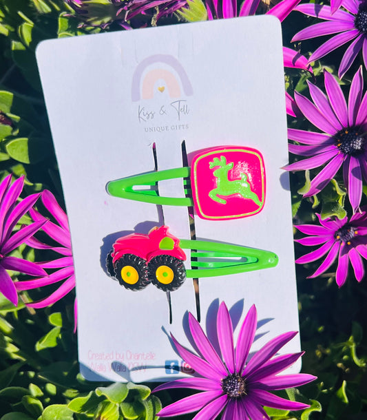 Pink Tractor Hair Clip Set