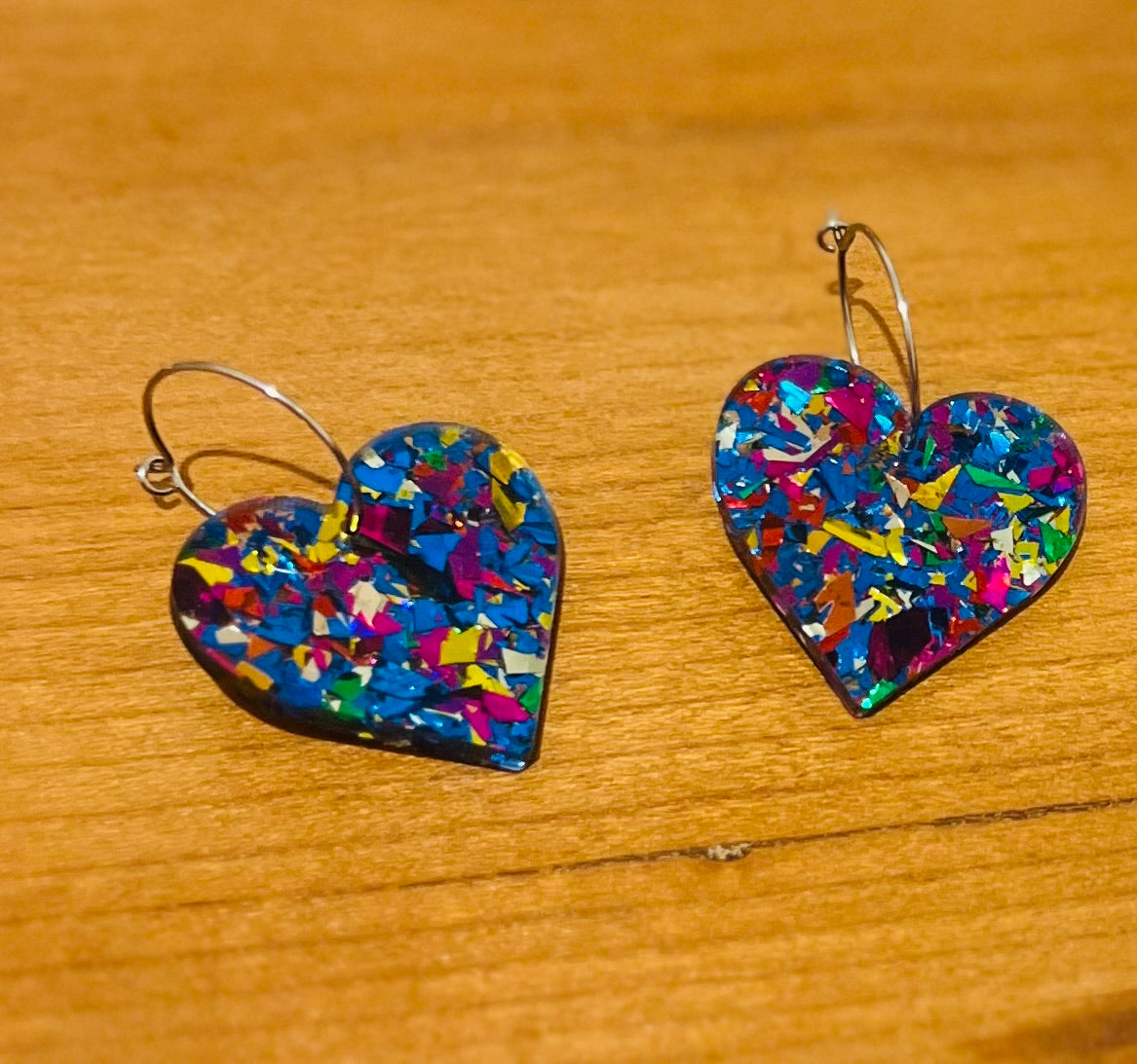 Blue Glitter Heart Acrylic Hoop Earrings