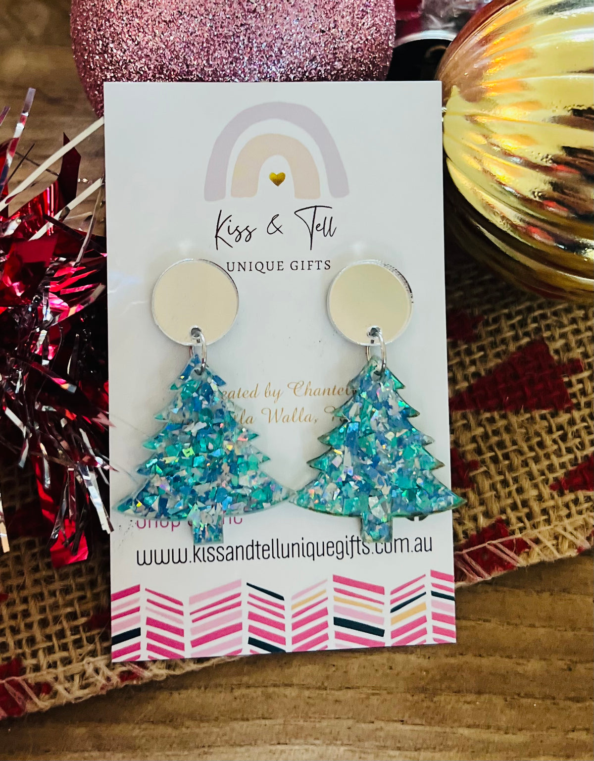 Blue Glitter Acrylic Christmas Tree Earrings