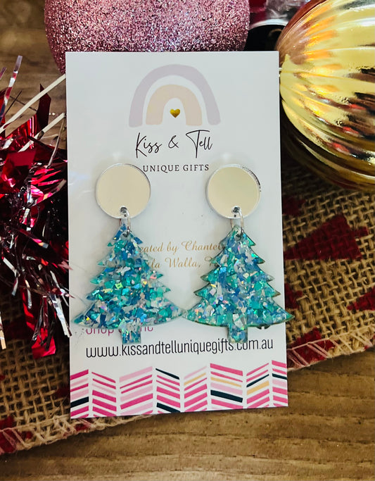 Blue Glitter Acrylic Christmas Tree Earrings