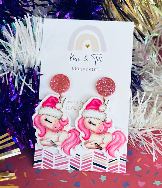 Pink Christmas Unicorn Dangle Earrings