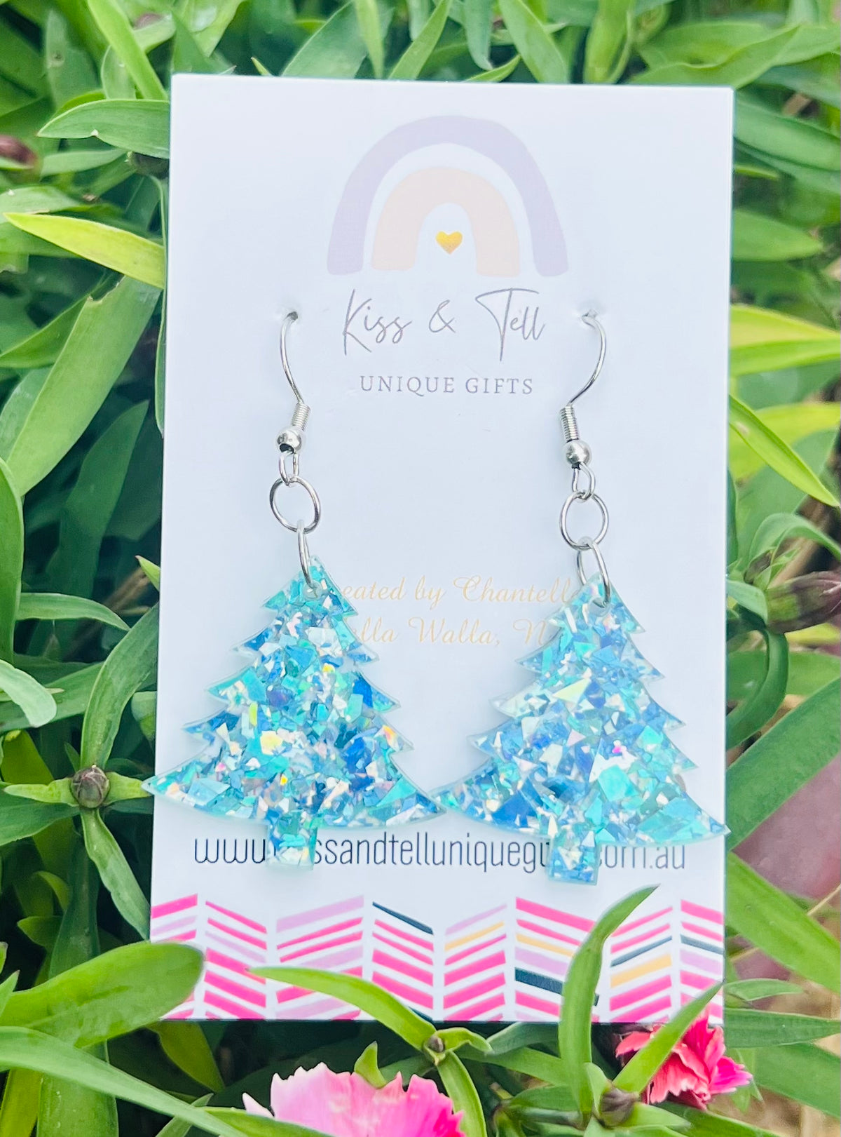 Blue Glitter Acrylic Christmas Tree Earrings