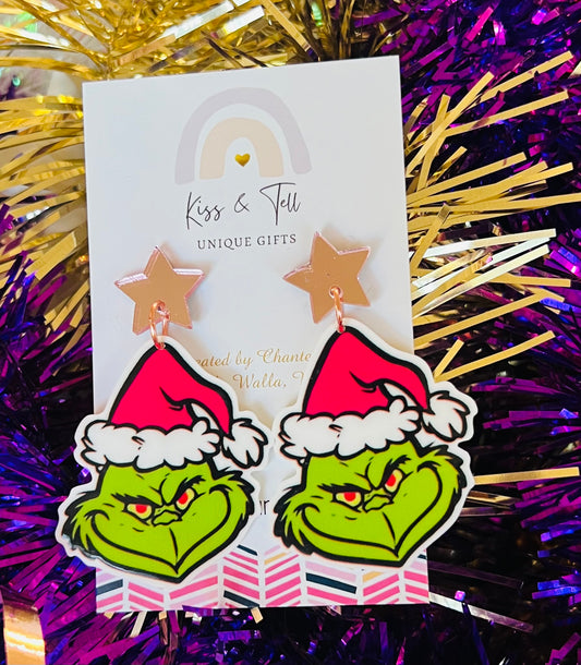 Pink-Hat Grinch Dangle Earrings