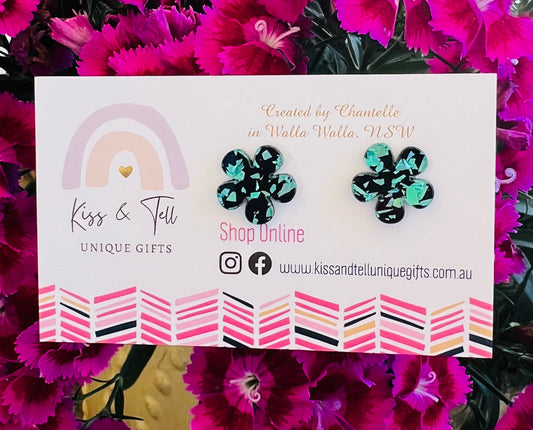 Black & Teal Flower Stud Earrings