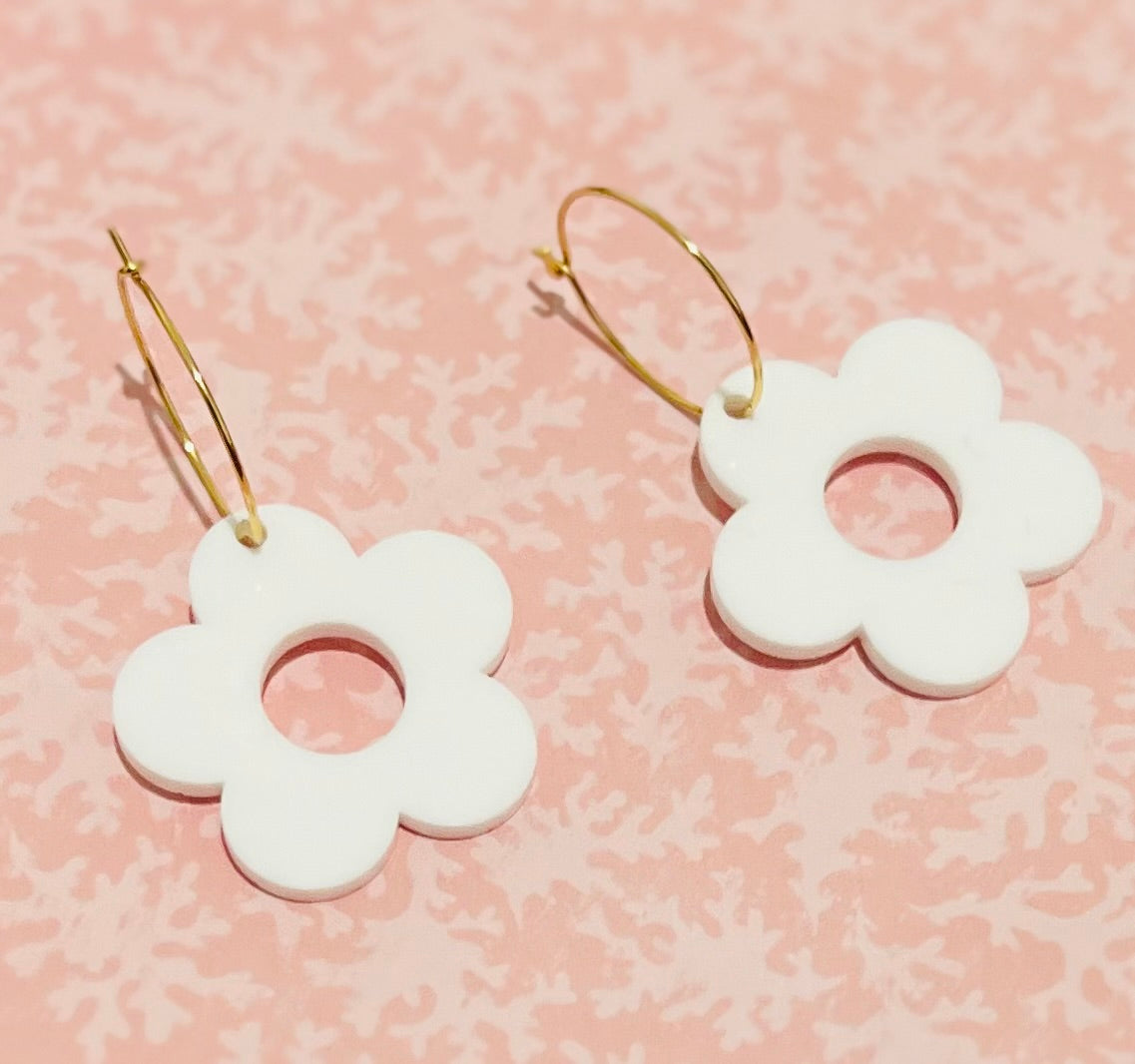 White Flower Hoop Dangles