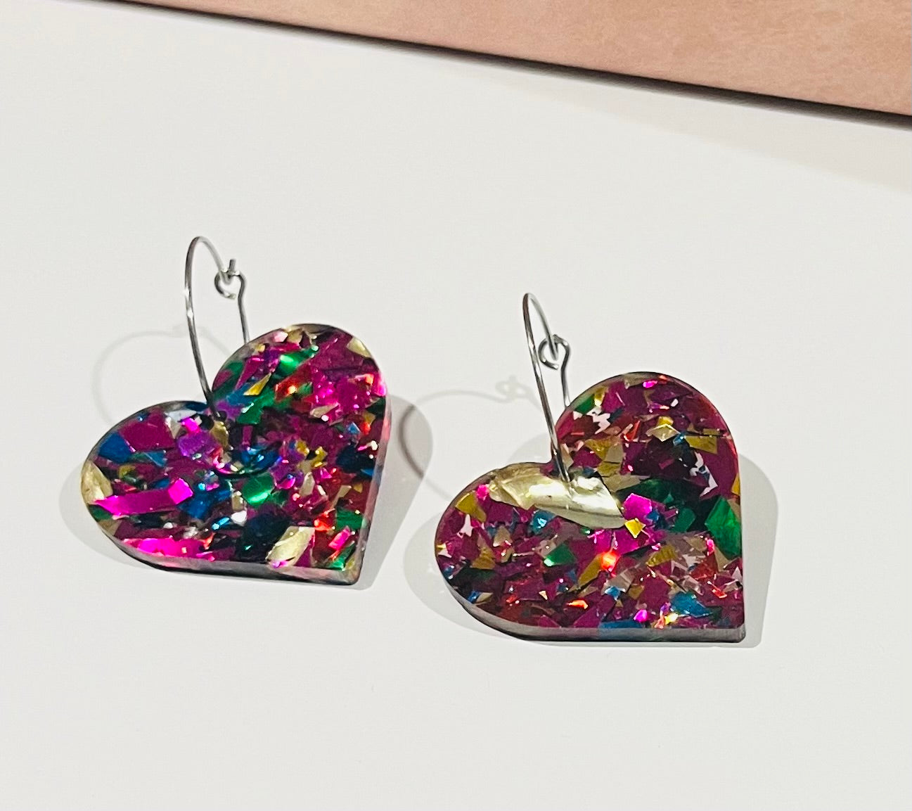 Pink Glitter Heart Hoop Earrings