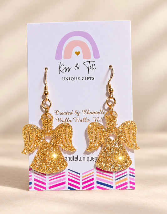 Sparkling Gold Glitter Angel Dangle Earrings