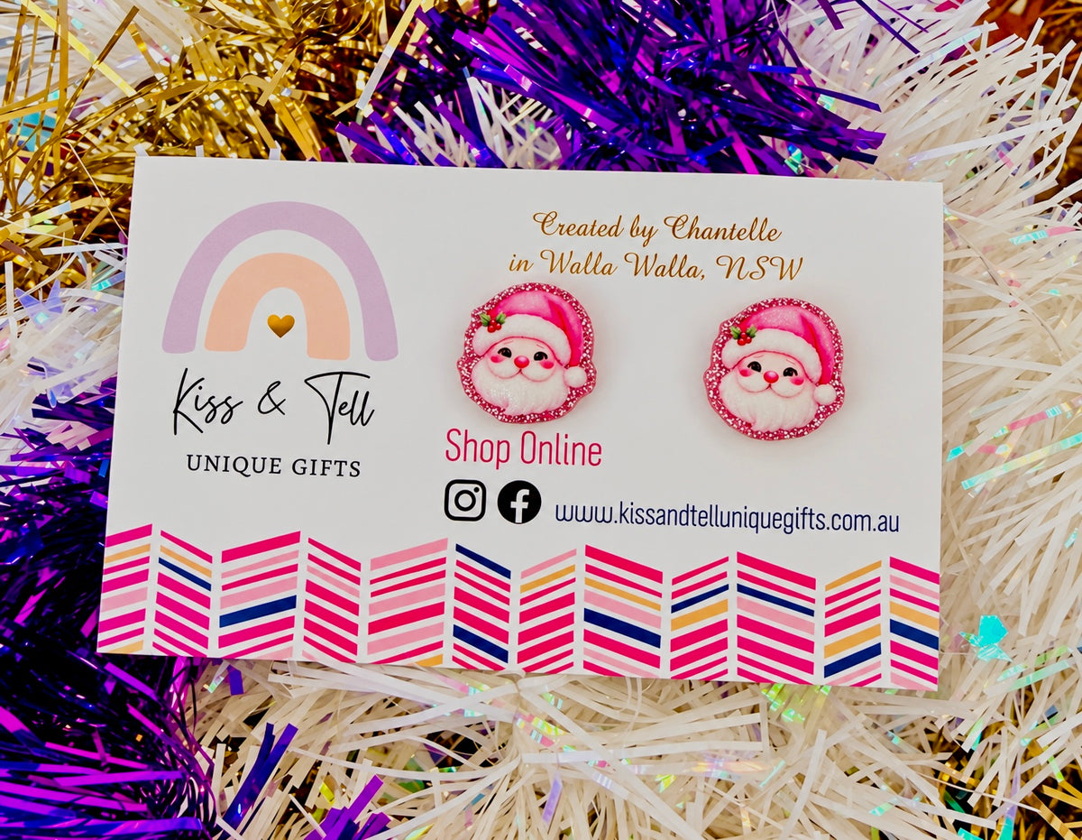 Pretty Pink Glitter Santa Stud Earrings