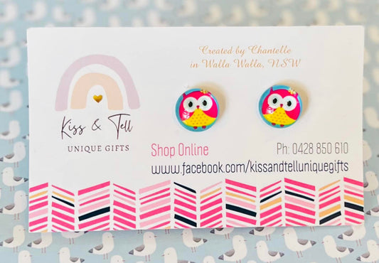 Pink Owl Stud Earrings