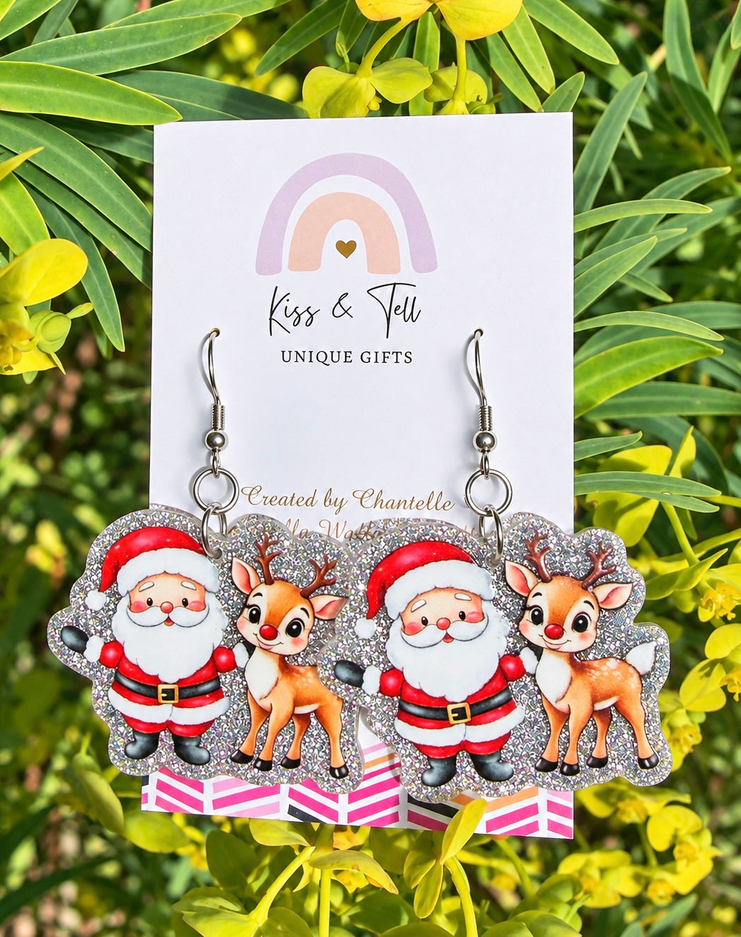 Santa & Rudolph Silver Glitter Dangle Earrings
