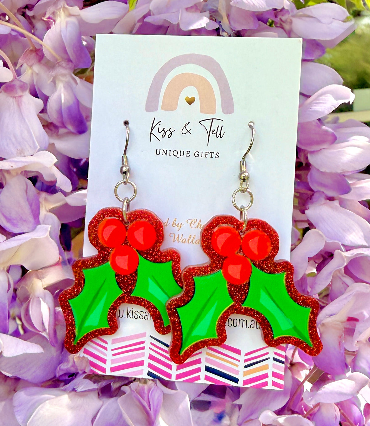 Red Glitter Christmas Holly Dangle Earrings