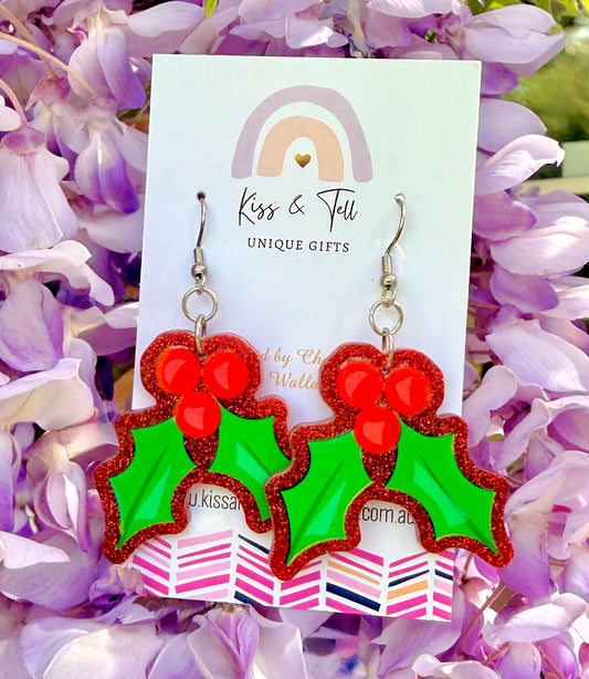 Red Glitter Christmas Holly Dangle Earrings