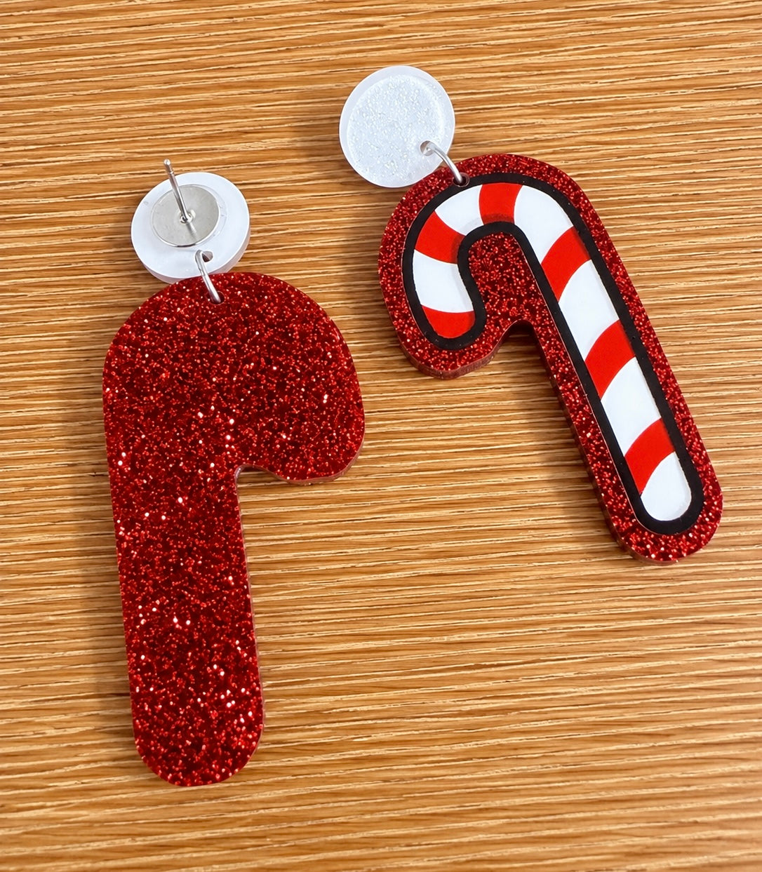 Red Glitter Candy Cane Dangle Earrings