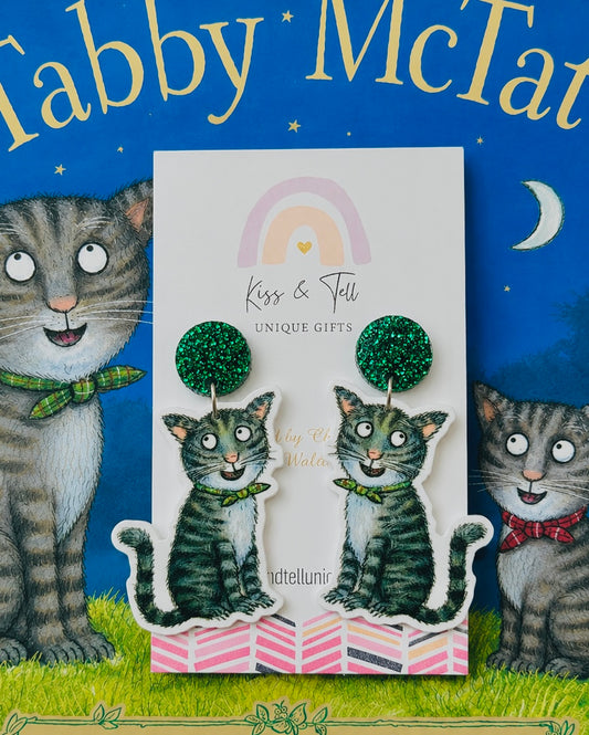 Tabby McTat Book Cat Dangle Earrings