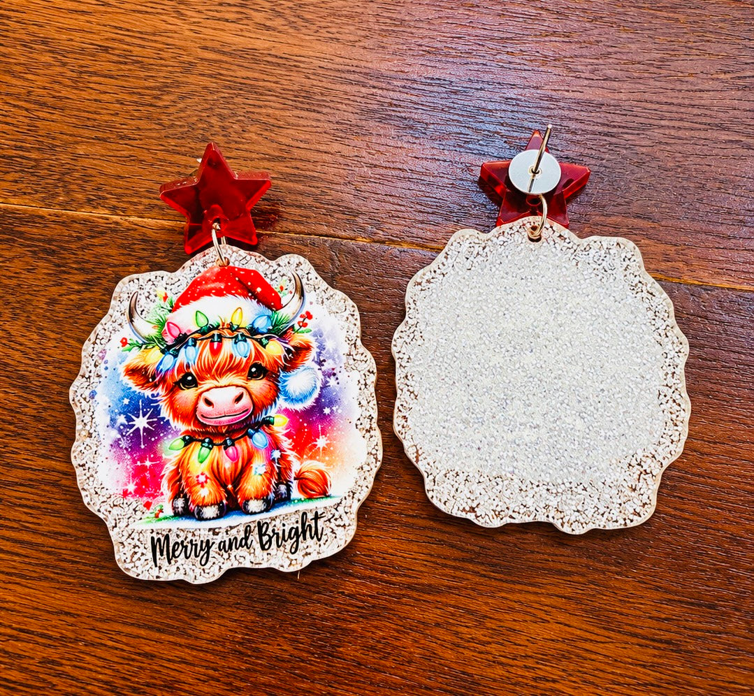 NEW Christmas Cow Glitter Dangle Earrings